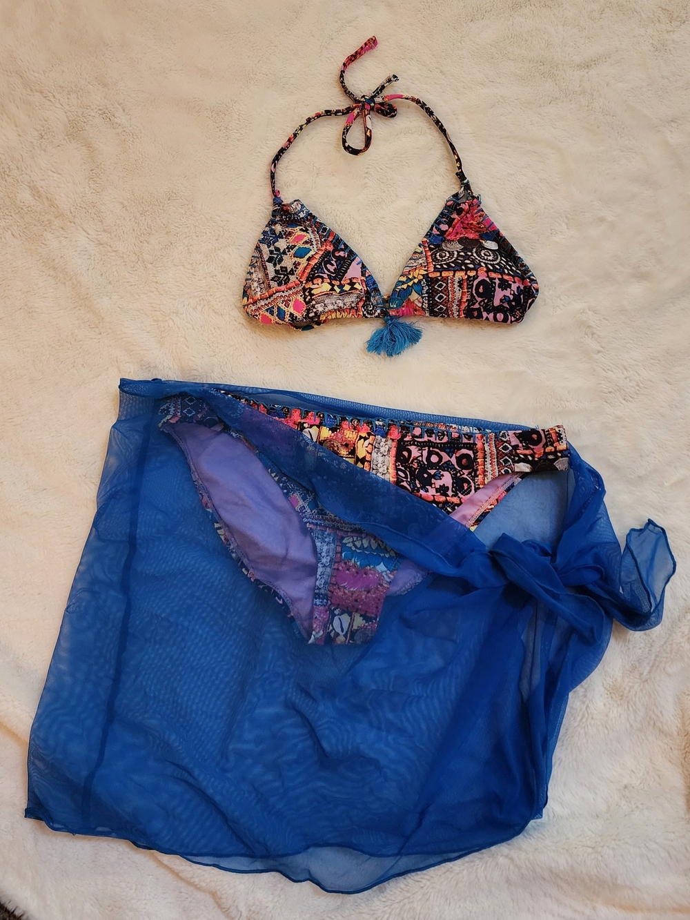 Colorful Tribal Print Triangle Bikini with Blue Sarong